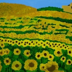 AH field of sunflowers with yellow house painted by Abbie  - recreated on her monument.