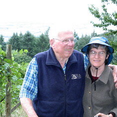 2008:  Jeanne and Al in an Oregon vineyard.  We walked up quite a hill together and had a great view.