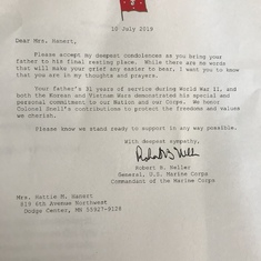 Very nice letter from the Commandant of the Marine Corps