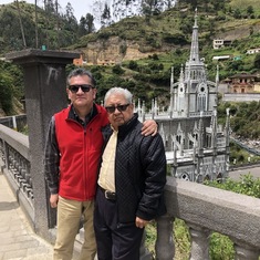 Dad with Marco visiting La Virgen De Las Lajas en Colombia.