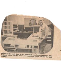 Newspaper clipping of Dad in his shop at Watertown High School