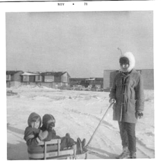 Rosebud! Mom pulling Dan and I along on our little sled in Calgary, early 1970 (I'm sure we probably got the sled for Christmas). Re-processed from an earlier version uploaded by Dad.