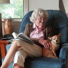 August 2012 - Grandma in Maine (with Sara's dog, Milli).  She really enjoyed the view of Southwest Harbor from that recliner and it was wonderful to spend time with her and Lauren on MDI these past few summers.