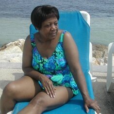 Mamie's beach pose, Holiday Inn, Montego Bay, May 2005