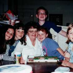 Grandma Mae with several of the Grandchildren: Cheyenne, Ellie, Chris, Stephy and Heather (1997)