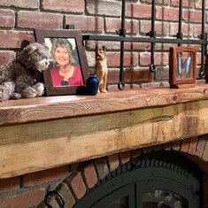 My tribute to Anne on the mantel, includes her cherished "kitty" that I got for her in Austria.