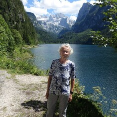 walking with Annemarie at lake Gosausee with view to Dachstein