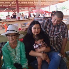 Mom with her grand-daughter and great-grandson Isaac and Ben. Pumpkin Patch.