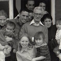 Dad Aged 60 outside 52 Christie Ave with Peter,Vron,Ants,Christine,Elaine,Clayton,Lydia,Sam,Rachel & Harry