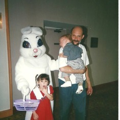Baby Greg & Kayla with the Easter bunny & their Dad