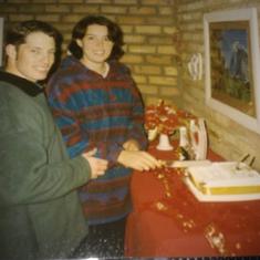 Anthony & Monica cutting their Engagement cake made by Anthony's Grampa Wobbles - 1999