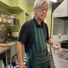Doc and his favorite apron in the famous kitchen of Josep’s House