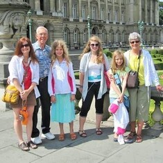 Arvin and Bev with daughter-in-law Michele Hagen and granddaughters Cassandra, Emily and Amanda in Brussels, Belgium (2010).  Son, Brent Hagen, must be wielding the camera.
