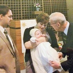 Astrid Allyn Grunhovd's baptism, with father, Cory Grunhovd; mother, Audra Hagen; and proud great-grandfather, Arvin Hagen (Jan 12, 2013)