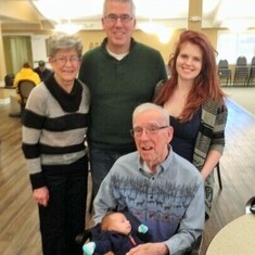 Son, Brent, brings daughter, Emily, and her new son, Xander, to visit Arvin in Mapleview Memory Care for the first and last time (2015).