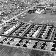 Aerial view of the North 'Court, the married student housing tin (quonset) huts in which Arvin and Bev and their two children (Allan and Cindy) lived from 1960 - 1964.