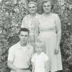 4 generations, August 1956, with Allan's Great-Grandma Julia Drinkwine and Grandma Hazel (Drinkwine) Hagen