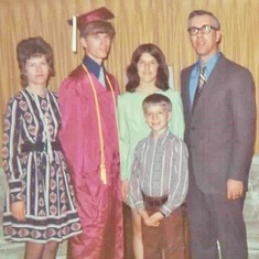 Allan's 1972 graduation from Minot, ND, senior high school, with Bev, Cindy, Brent and Arvin.