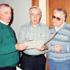Sons practicing for Hazel Hagen's 80th birthday - Alden, Arvin and Charles.