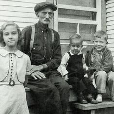 Bertha, Grandpa Winge (not really their grandpa), Alden and Arvin Hagen (ca. 1939).  Adolph's family spent summers in Grenora, ND, because it was better for his asthma.