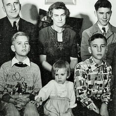 1949 Christmas card photo.  Back:  Adolph, Hazel & Arvin.  Front:  Charles, Karen & Alden.