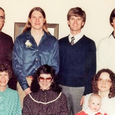 Cindy and Darrel's wedding (1982).  Back: Arvin, Darrel, Allan and Brent.  Front:  Bev, Cindy, Marla and baby Audra.