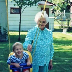 Sam on swingset in St. Paul with his Great-Grandma, Hazel Hagen (1992).  Stopping on the way home from Wisconsin.