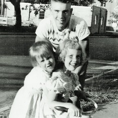 Arvin kid-sitting  sister, Karen, and their cousin, Shirley, from WI (ca 1950).