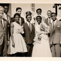 Peace Corps, 1962, wedding celebration of one of Aubrey's colleagues. Other Peace Corps colleagues are James Myrick, back row, first from right and Norm Gary, second from right.