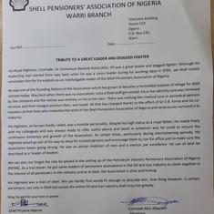 Tribute From Shell Pensioners Association Of Nigeria