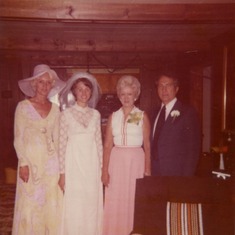 Barbara's second wedding: From left: Betty Evangelist (Friend and Maid of Honor), Barbara, Gwen and Bill Longenecker (Sister-in-law and Brother-in-law) 1975 (31 years old)