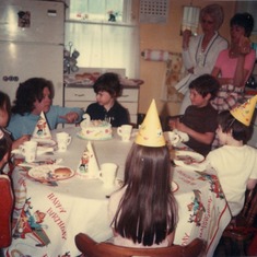 From left: George Watson (in red), Angie Watson, Mary Dean (Sister-in-law), Marc Dean (Son), Johnny Butcher, Noel, Toni Evangelist, Betty Evangelist and Barbara at Marc's 6th birthday 1975 (31 years old)