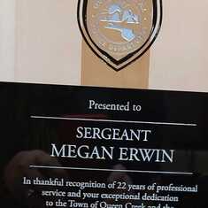 Close up of plaque that Megan recieved