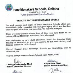 From Staff and Pupils of Irene Menakaya Schools Onitsha