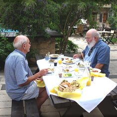 Barry and Bill Wiebe at breakfast in the courtyard of guest hotel in Rosh Pina Israel 2014