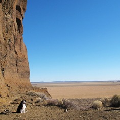 Max and Barry at Fort Rock vista of surrounding high desert and ranches in Central Oregon