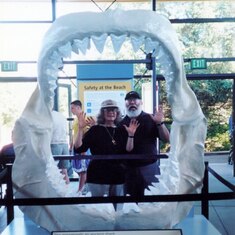 Barry and Ev in shark mouth at Oregon Aquarium exhibit in Newport Oregon
