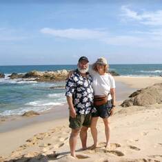 Barry and Ev on beach at Los Cabos resort summer 2003