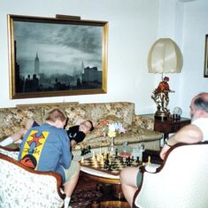 In the Sherr's NYC apartment with our new chess set. June 1996