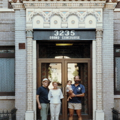 Grandparents Sherr with Jared and Barry in front of entrance to Bronx apartment on the Grand Concour