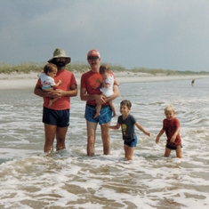 Barry with Jared and Aaron and friend John Leffler with kids Nannygoat Beach1985