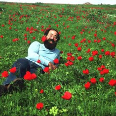 Barry in field of anemonies on the Horns of Hattin above Lake Kinneret spring 1980