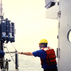 Barry bringing in a CTD cast on the R/V Wecoma off the Oregon coast in the 1990's.