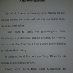 This is the acknowledgement page in Jim's fourth book. Barry proofed Jim’s memoir, "Real Cats Don’t Wear Collars.”