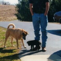 Me, Susie, and my human dad, Mike, with his boots -- Love those boots!