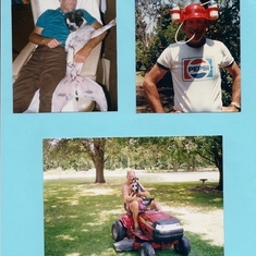 Old pictures of Bernie and Sport
Bernie with his crazy hat that allowed him to have liquid refreshment no handed.
Bernie on mower with one of our many dogs.