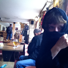 We were in a pub in Swanage, me, Tom and Beth. She suddenly went ninja for the photo.