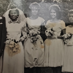 My Mummy& Daddy with Aunt Betty as her Chief Bridesmaid , along with cousin Helen and Aunt Grace