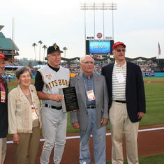 40 Year Reunion of '66 team.  Bill and Nan honored at home plate b/f Dodger-Pirate game with former players Jim Gardiner, Jim Colborn and Andy Van Horn. Note scoreboard.