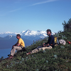 Bill and Jim on ridge of Russell Fjord after bushwhacking up 2000-3000 of vertical.